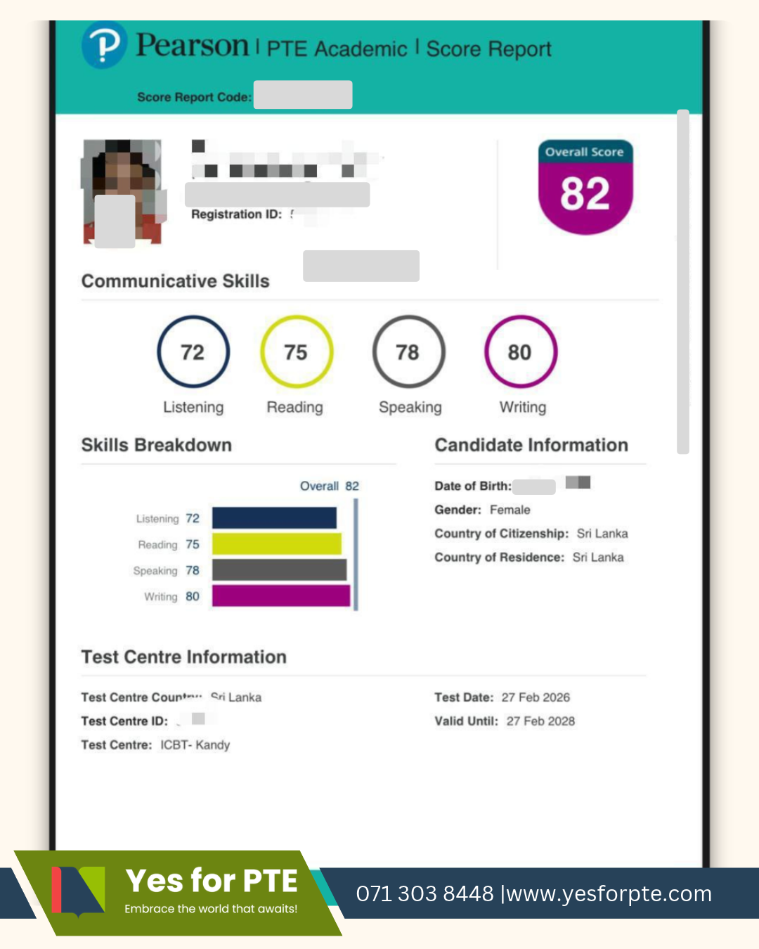 Permissioned, redacted PTE score report